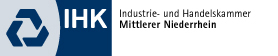 IHK-Logo mit Text: Industrie- und Handelskammer Mittlerer Niederrhein auf weißem und blauem Hintergrund.
