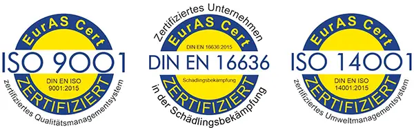 Drei Zertifizierungslogos: ISO 9001 für Qualitätsmanagement, DIN EN 16636 für Schädlingsbekämpfung und ISO 14001 für Umweltmanagement, alle von EurAS Cert.