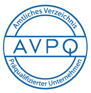 Blaues kreisförmiges Logo mit dem Text Amtliches Verzeichnis Präqualifizierter Unternehmen am Rand und AVPQ in der Mitte.