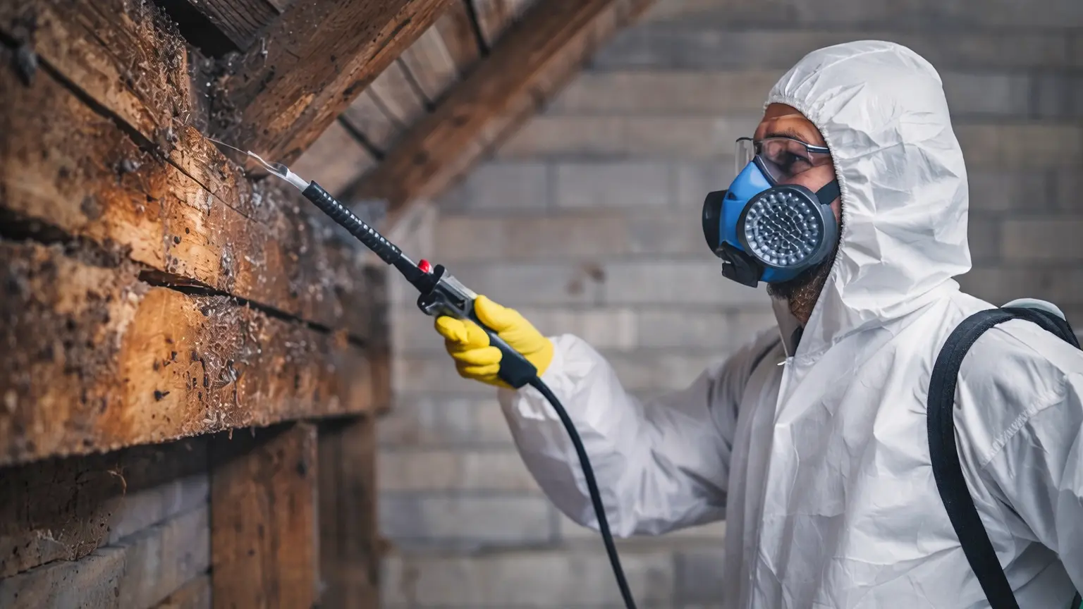 Eine Person in Schutzkleidung behandelt mit einem Sprühgerät Schimmel auf Holzbalken in einem Dachgeschoss.
